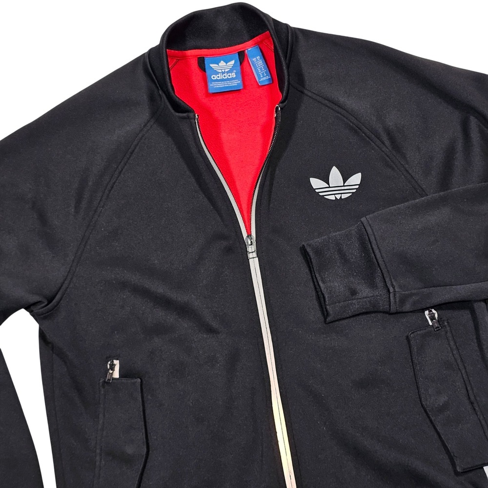 Adidas Track Jacket Mens M Black Red Fleece Lined Trefoil Zip Up Streetwear